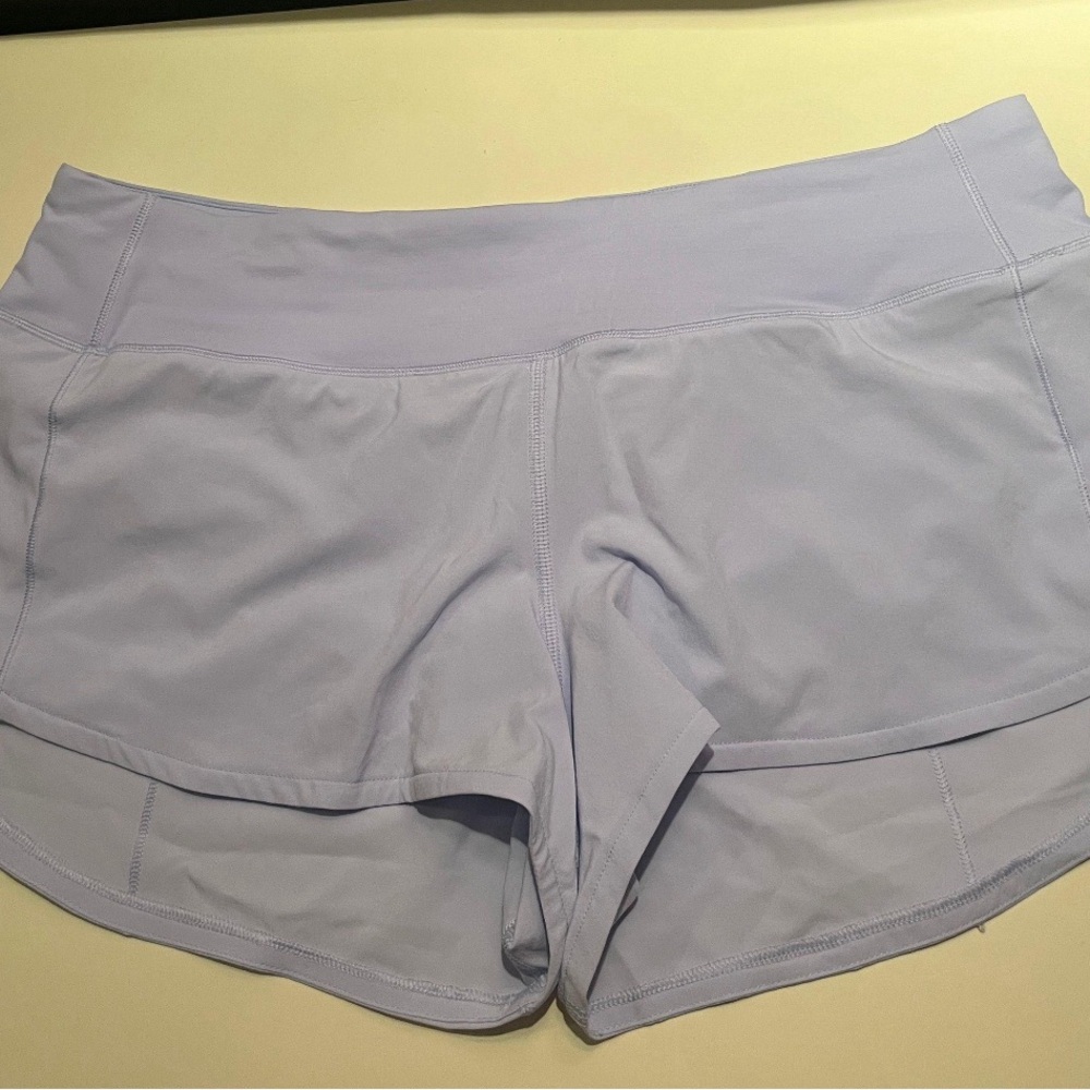 lulu lemon lavender speed up shorts, size 8